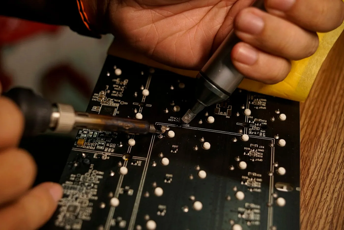 An engineer using a soldering iron on a circuit board while tracing a power fault
