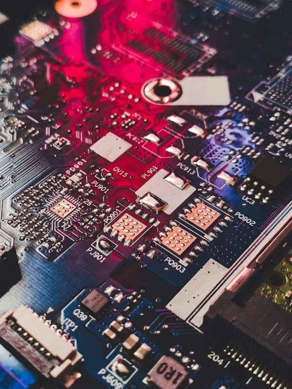Macro photograph of a laptop motherboard lit in red and violet, showing individual surface-mount components